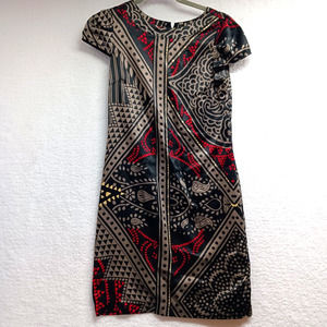 Suzy Shier Geometric Paisley Print‎ Sheath Dress Black Red Gold Cap Sleeve